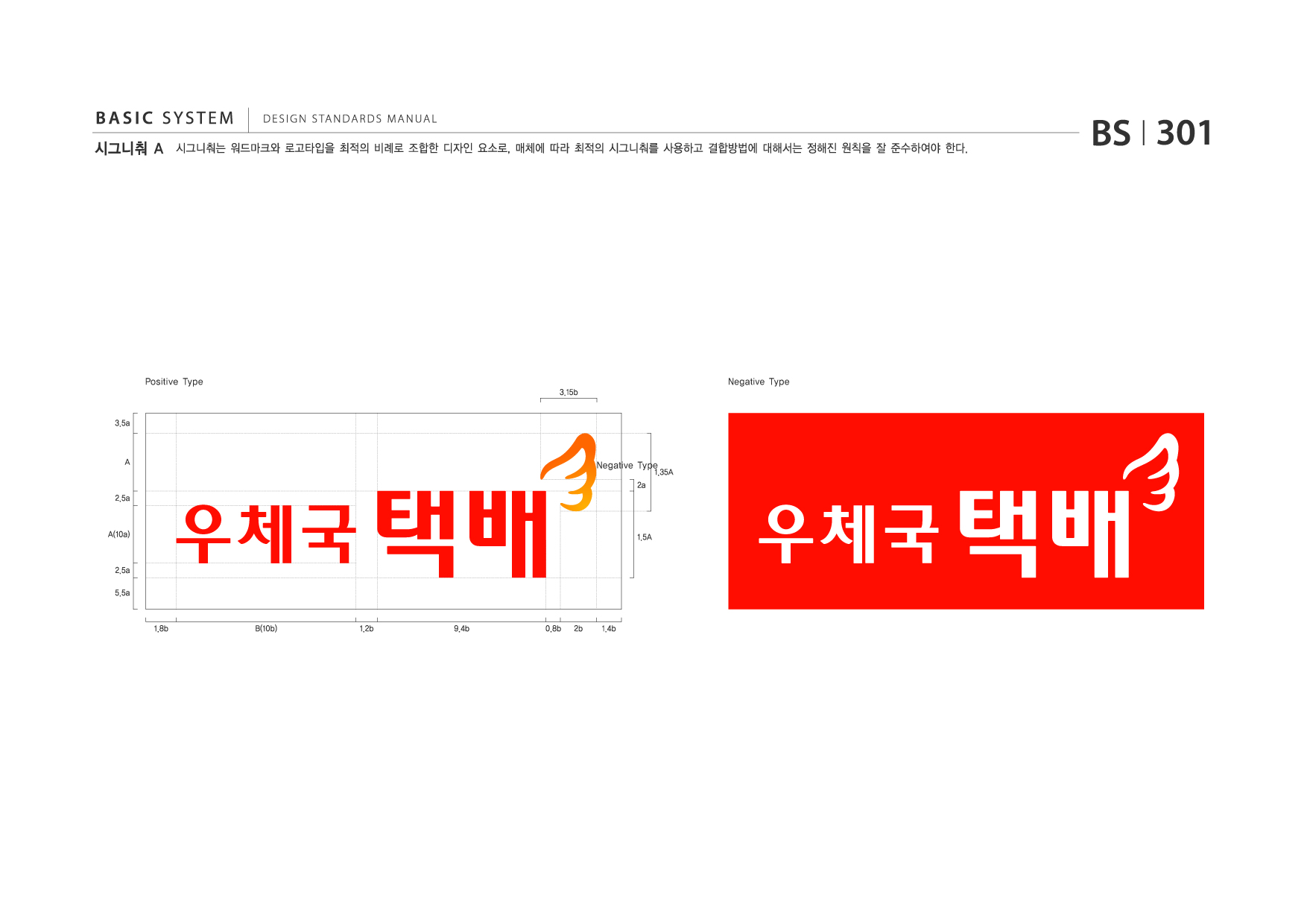 BASIC SYSTEM  DESIGN STANDARDS MANUAL 시그니춰 A 시그니춰는 워드마크와 로고타입을 최적의 비례로 조합한 디자인 요소로, 매체에 따라 최적의 시그니춰를 사용하고 결합방법에 대해서는 정해진 원칙을 잘 준수하여야 한다. BS I 301 Positive Type 3.15b 3.5a A 2.5a A(10a) 2.5a 5.5a 1.8b B(10b) 1.2b 9.4b 0.8b 2b 1.4b 1.35A 2a 1.5A 우체국 택배  Negative Type 우체국 택배 